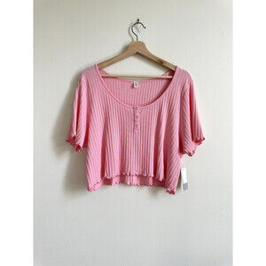 BP. Women's Rib Crop Henleytop In Candy Pink Plus Size 3X